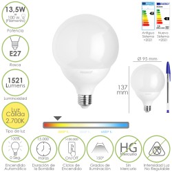 Bombilla Led Esfera Globo E27. 13,5 Watt. Equivale A 100 Watt. 1521 Lumenes. Luz Calida 3000º K.