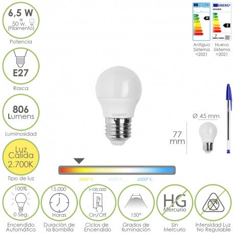 Bombilla Led Esfera Rosca E27. 6.5 Watt. Equivale A 50 Watt. 806 Lumenes. Luz Calida 3000º K.