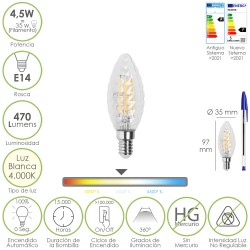 Bombilla Led Filamento Vela Twist. E14. 4,5 Watt. Equivale A 35 Watt. 470 Lumenes. Luz Neutra 4000º K.