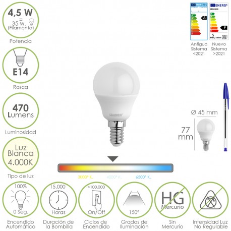 Bombilla Led Esferica Rosca E14 4.5 Watt. Equivale A 35 Watt. 470 Lumenes. Luz Neutra (4000º K)