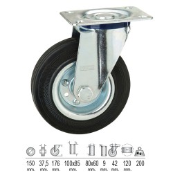 Rueda Industrial Goma Negra Placa  Ø 150 mm.
