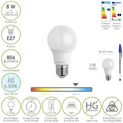 Bombilla Led Estandar Rosca E27. 8 Watt. Equivale A 65 Watt. 806 Lumenes. Luz Fría (6500º K.)